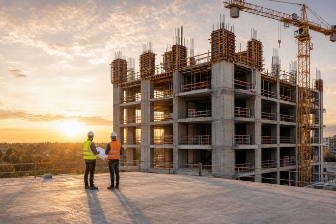 Engineers reviewing drawings on a residential tower under construction at sunset