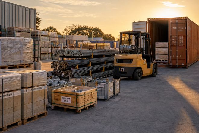 Construction materials, reinforcement and crated fittings in a supply yard beside a shipping container