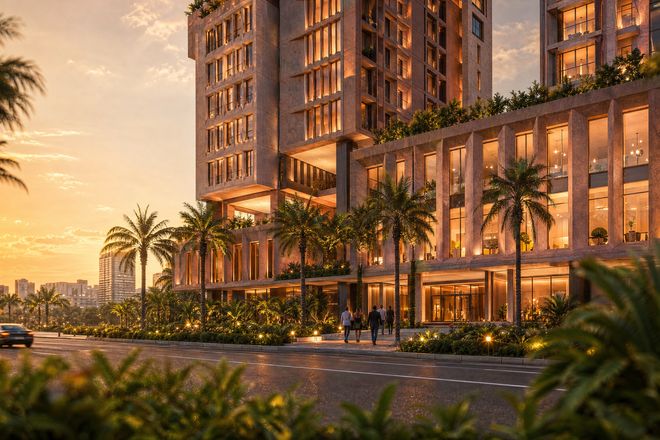 A completed residential building at dusk, with residents walking at the landscaped entrance
