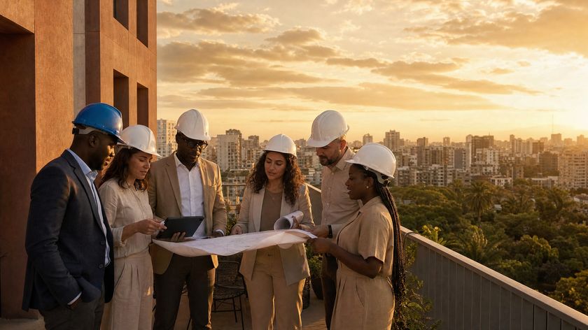 A project team reviewing drawings on a rooftop terrace above the city at sunset