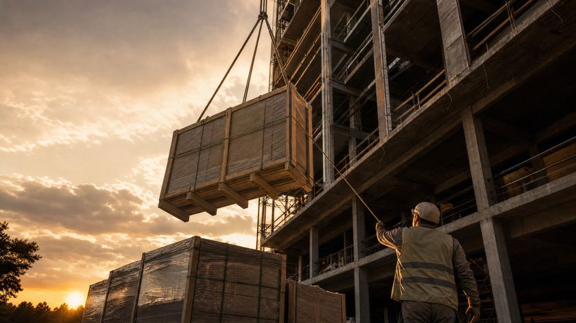 A crated delivery being lifted by crane into a building under construction