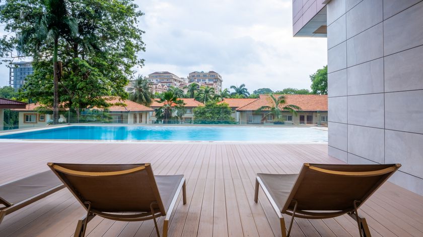 The swimming pool deck at Grand Mirage, photographed after completion