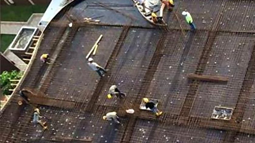 Reinforcement in place on a floor slab during construction of Mirage Residence